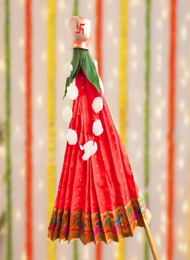 PUNYATVA Gudhi Vastra for Gudhi Padwa Festival (Paithani, Red) | Traditional Maharashtrian Gudi Cover Saree Cloth for GudiPadva | Readymade Ugadi & GudhiPadawa Decoration Pooja Décor - Image 2