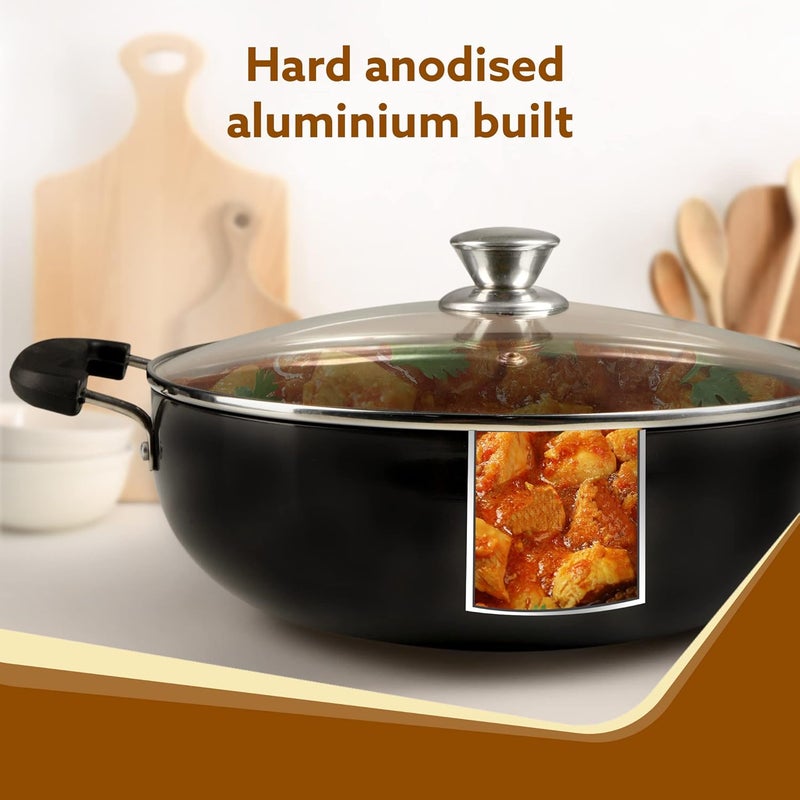 AGARO Elite Hard Anodised Kadhai with Glass Lid 25L Capacity 24 cm Diameter Gas Oven Compatible Riveted Handle 3mm Thick Plate Cooking Frying Serving Black - Image 3