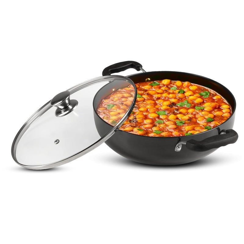 AGARO Elite Hard Anodised Kadhai with Glass Lid 25L Capacity 24 cm Diameter Gas Oven Compatible Riveted Handle 3mm Thick Plate Cooking Frying Serving Black - Image 1