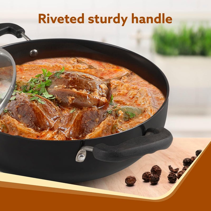 AGARO Elite Hard Anodised Kadhai with Glass Lid 25L Capacity 24 cm Diameter Gas Oven Compatible Riveted Handle 3mm Thick Plate Cooking Frying Serving Black - Image 4