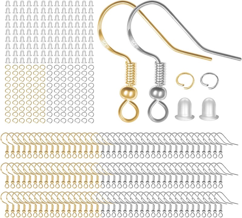MENKEY 925 Sterling Silver Earring Hooks, 750PCS Earring Hooks Kit 250PCS/125Pairs Gold & Silver Hypoallergenic Earring Hooks with 250PCS Open Jump Rings and 250PCS Rubber Earring Backs for Jewelry Making - Image 1