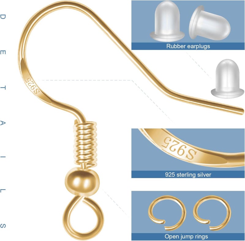 MENKEY 925 Sterling Silver Earring Hooks, 750PCS Earring Hooks Kit 250PCS/125Pairs Gold & Silver Hypoallergenic Earring Hooks with 250PCS Open Jump Rings and 250PCS Rubber Earring Backs for Jewelry Making - Image 2