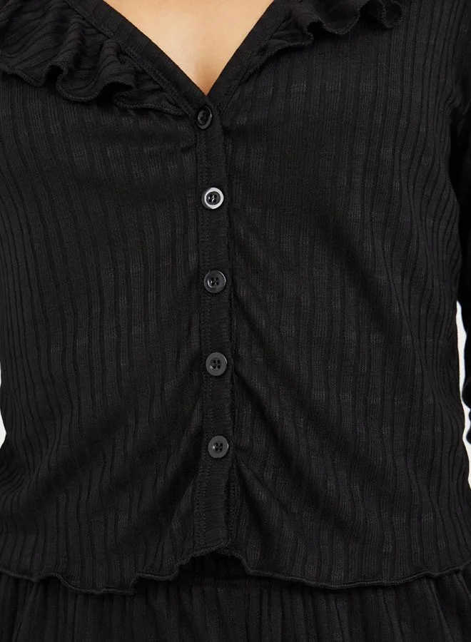 Styli Ribbed Ruffle Trim Cardigan & Trouser Lounge Set