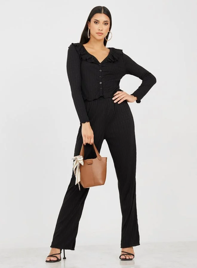 Styli Ribbed Ruffle Trim Cardigan & Trouser Lounge Set