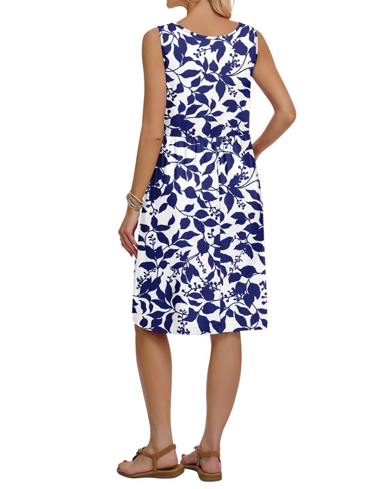 AUSELILY Summer Knee Length Dress Women A Line Sleeveless Loose Sundress Crew Neck Floral Vacation Beach Dress with Pockets 2026 New Navy Leaves M - Image 4