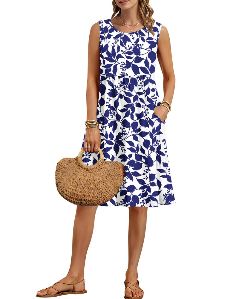 AUSELILY Summer Knee Length Dress Women A Line Sleeveless Loose Sundress Crew Neck Floral Vacation Beach Dress with Pockets 2026 New Navy Leaves M - Image 1