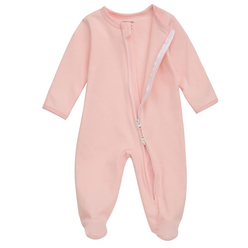 Aablexema Baby Footie Pajama with Mitten Cuffs, Double Zipper Infant Cotton clothes Sleeper Pjs, Footed Sleep Play(Ivory & Grey & Pink,0-3 Months) - Image 3