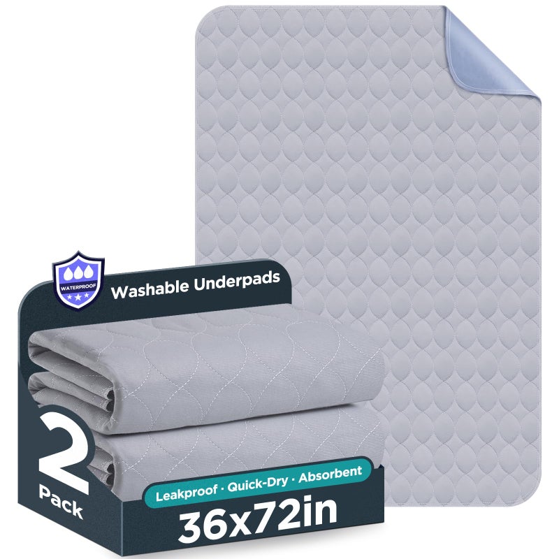 Brosive Washable Bed Pads 36" x 72" - 2 Pack, Grey, Waterproof Bed Pads for Incontinence, Bed Wetting Pads for Bed, Sofa, Floor, Resuable Underpads for Adults, Seniors, Pet - Image 1