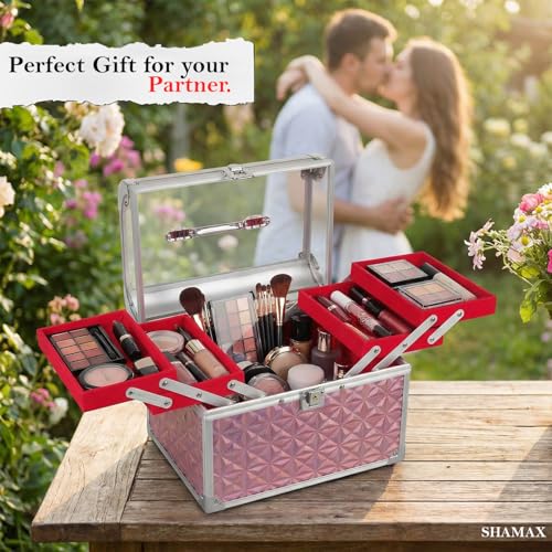 SHAMAX® Mettalic Professional Vanity Case 4 Trays with Adjustale Dividers Makeup Case for Makeup Artist with Lock and Compartments Wedding Bride/Gifting/sagai - Image 2