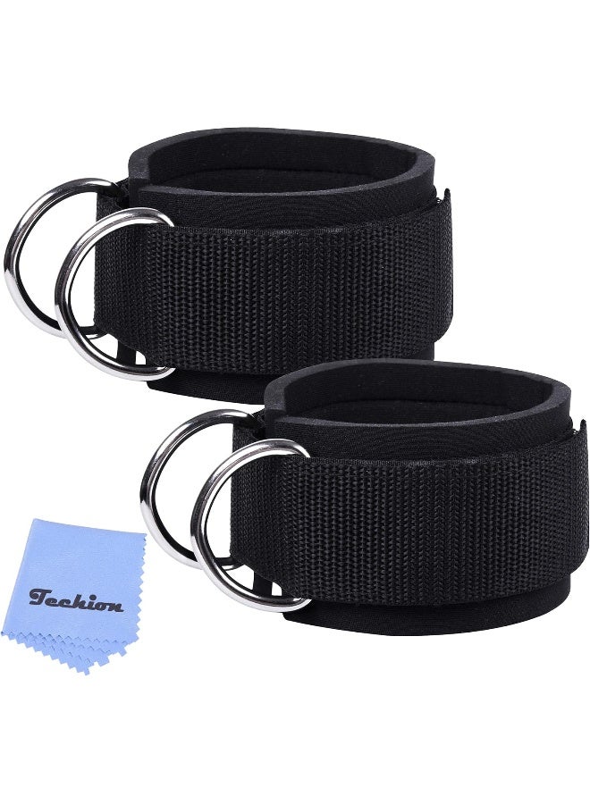 Techion Techion 1 Pair of Fitness Ankle Straps for Cable Machine - Double D-Ring, Adjustable Comfort fit Neoprene - for Men and Women - Black  - Image 2