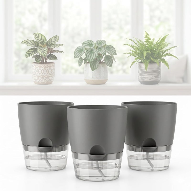 JERN Self Watering Planters for Indoor & Outdoor Use, Self Watering System, Grey, Set of 3 (Large Size 6" Dia) - Image 1