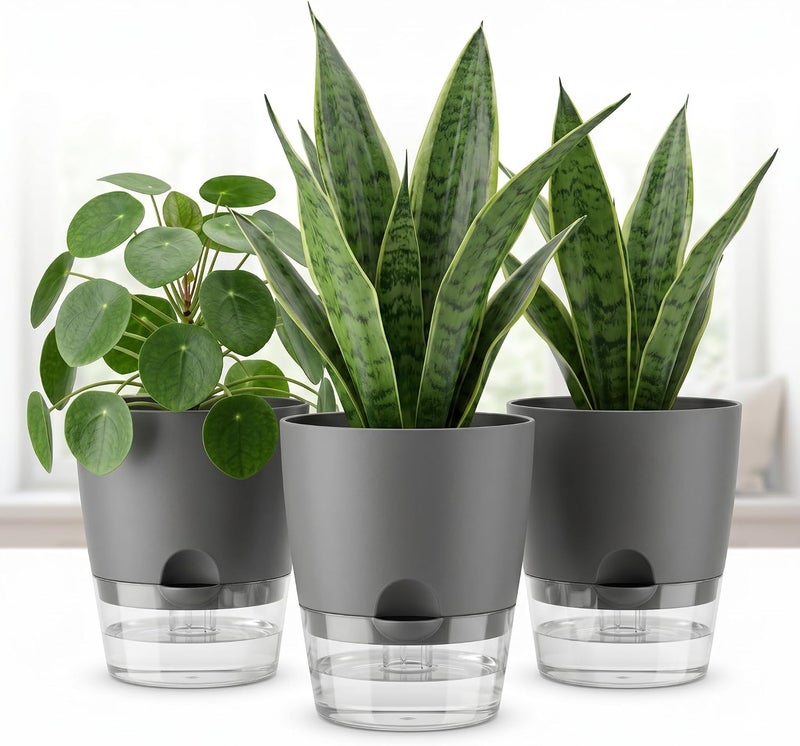 JERN Self Watering Planters for Indoor & Outdoor Use, Self Watering System, Grey, Set of 3 (Large Size 6" Dia) - Image 4