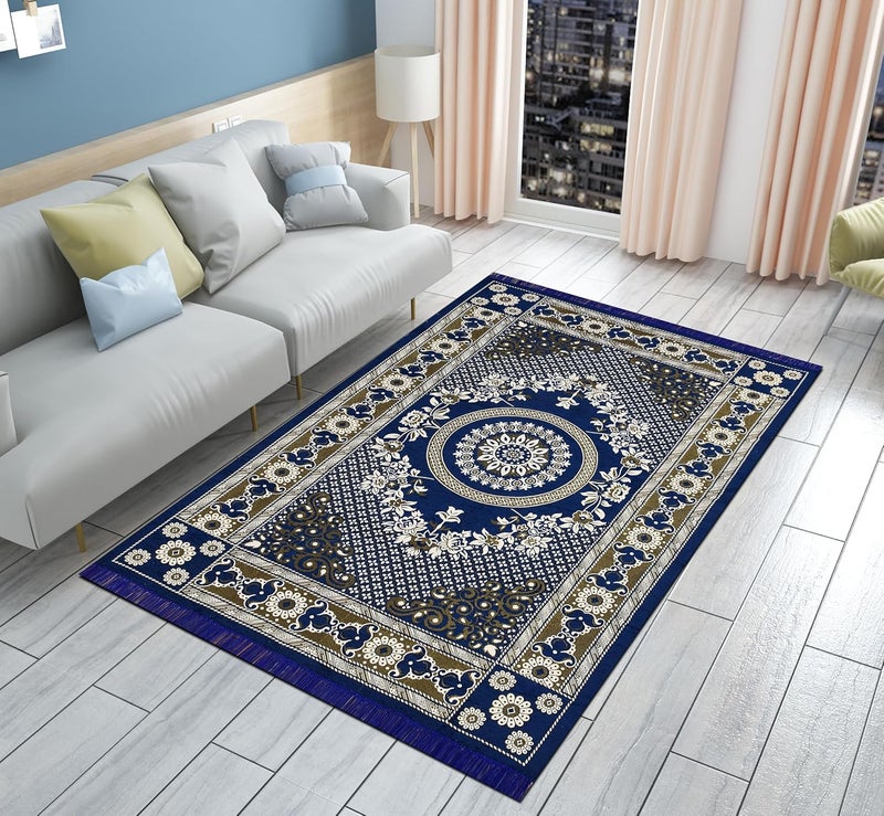 Outlay Home Outlay Home Heavy Fabric Velvet Touch BedroomLiving RoomDrawing Room Yoga Hall Designer Velvet CarpetAnti Slip Washable Rugs 60 Inch X 84 Inch 5 Feet X 7 Feet I150 X 210 Cm Navy Blue  - Image 1