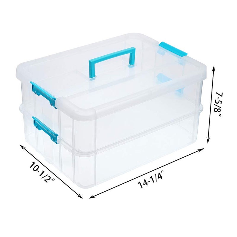 Juxyes 2-Tiers Stack Carry Storage Box With Handle  Transparent Stackable Storage Bin With Handle Lid Latching Storage Container For School & Office Supplies (Blue) - Image 2