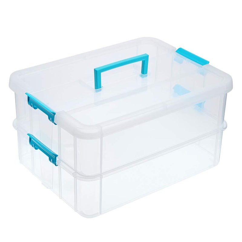 Juxyes 2-Tiers Stack Carry Storage Box With Handle  Transparent Stackable Storage Bin With Handle Lid Latching Storage Container For School & Office Supplies (Blue) - Image 1