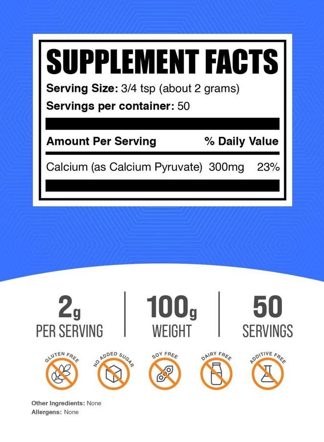 BulkSupplements .com Calcium Pyruvate Powder - Calcium Powder Supplement - Vegan & Gluten Free, 2g per Serving, 100g (3.5 oz) (Pack of 1) - Image 2