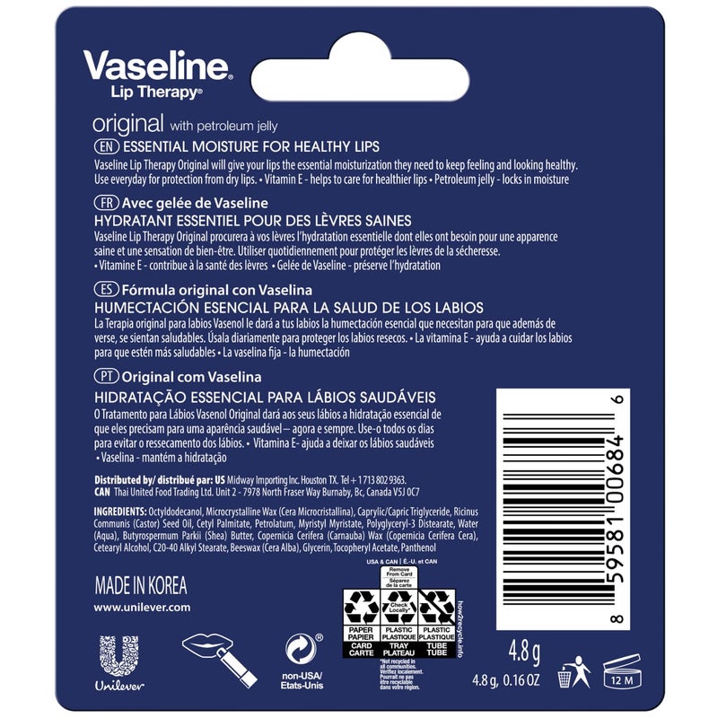 Vaseline Lip Therapy Original 8-Pack â€“ Lip Moisturizer for Dry, Cracked Lips, 0.16 Oz Ea - Image 2