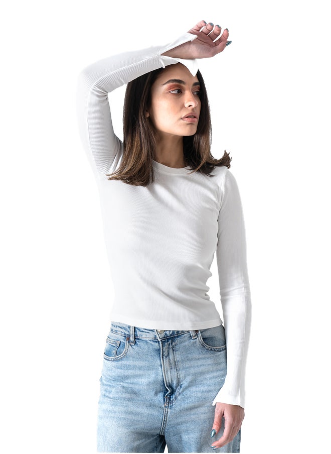 OKOYE - White Ribbed Top With Bracelet Slit - Image 1