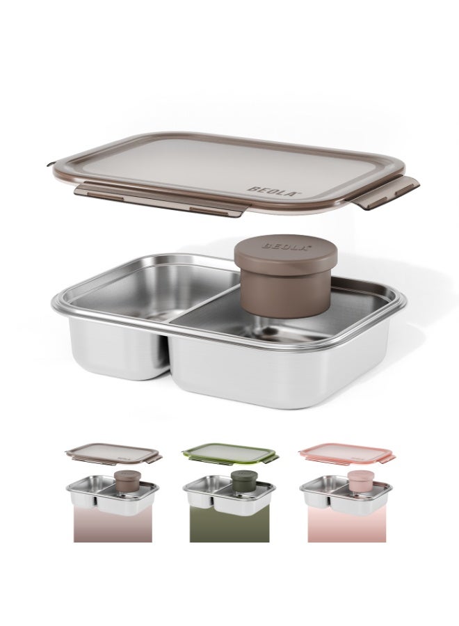 BEOLA Stainless Steel Lunch Box, 2 Compartment Bento Box, BPA Free Tiffin with Lid, Leakproof Meal Container, Perfect as Snack Box (Sand Dune) - Image 1