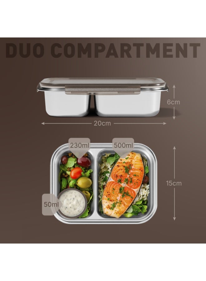 BEOLA Stainless Steel Lunch Box, 2 Compartment Bento Box, BPA Free Tiffin with Lid, Leakproof Meal Container, Perfect as Snack Box (Sand Dune) - Image 2
