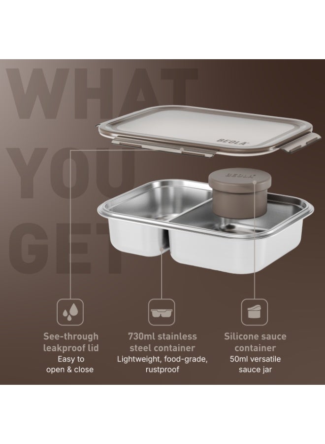 BEOLA Stainless Steel Lunch Box, 2 Compartment Bento Box, BPA Free Tiffin with Lid, Leakproof Meal Container, Perfect as Snack Box (Sand Dune) - Image 4