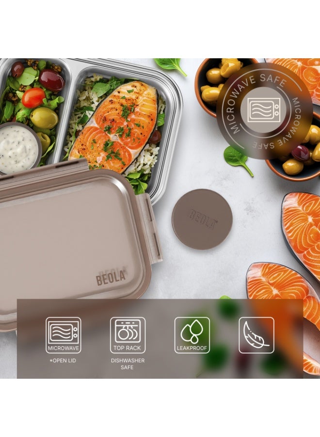 BEOLA Stainless Steel Lunch Box, 2 Compartment Bento Box, BPA Free Tiffin with Lid, Leakproof Meal Container, Perfect as Snack Box (Sand Dune) - Image 3