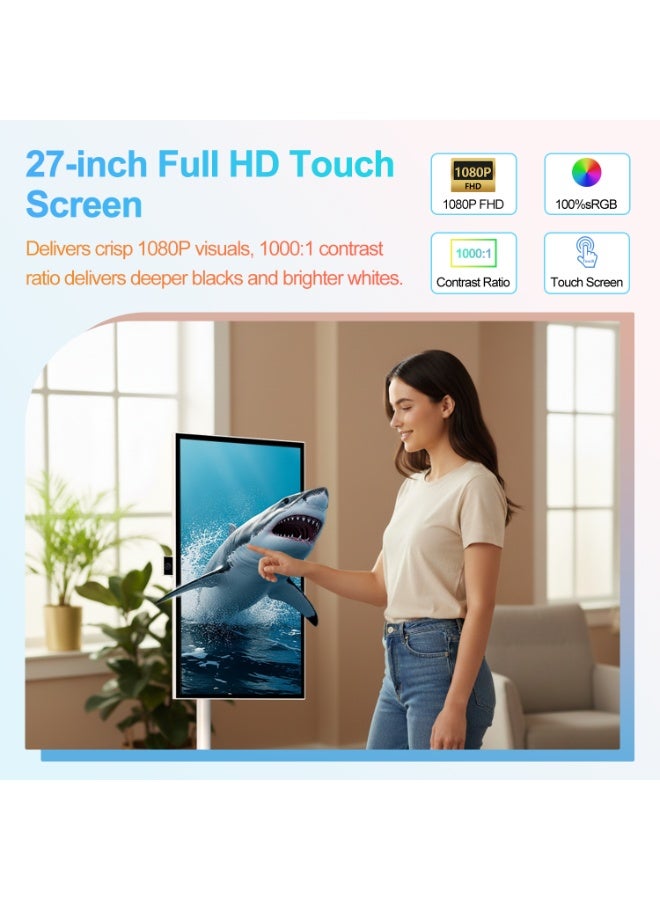 ڤي إل إتش VLH تلفاز بشاشة لمس 27 بوصة FHD على عجلات، تلفاز ذكي محمول على عجلات، 6G 128GB، بطارية 27000mAh، نظام تشغيل أندرويد 15، معتمد من EDLA، تلفاز لوحي لاسلكي مع تحكم عن بعد صوتي، كاميرا مدمجة 13 ميجابكسل - Image 2