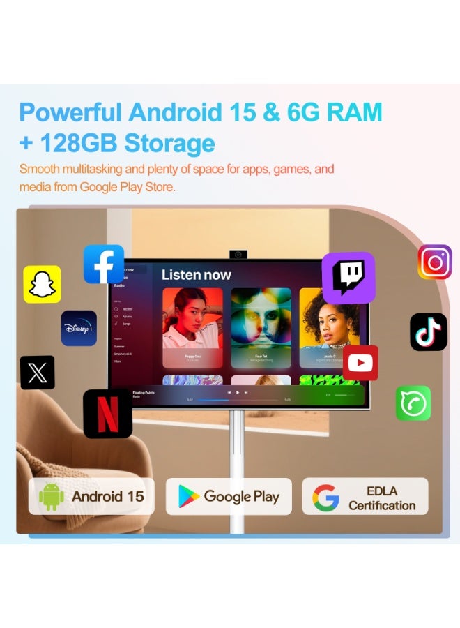 ڤي إل إتش VLH تلفاز بشاشة لمس 27 بوصة FHD على عجلات، تلفاز ذكي محمول على عجلات، 6G 128GB، بطارية 27000mAh، نظام تشغيل أندرويد 15، معتمد من EDLA، تلفاز لوحي لاسلكي مع تحكم عن بعد صوتي، كاميرا مدمجة 13 ميجابكسل - Image 3