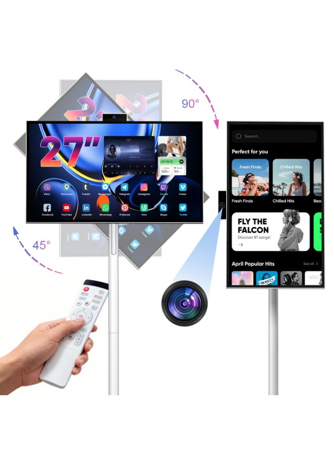 27 Inch Rolling Smart TV with 1080P Touch Screen, Android 15 OS, MTK 8-core CPU, 6G+128G Storage, 8MP Camera, 4-6H Battery, Rotatable Display for Home/Office/Outdoor, Arabic & Google Play