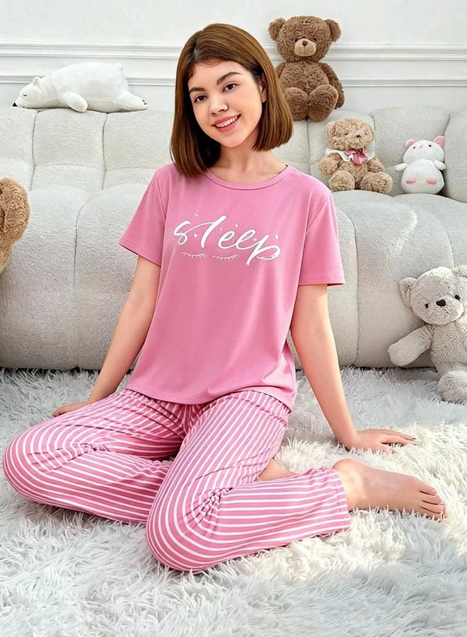 Take Two Pink Pink Text Print T-Shirt and Striped Pyjama Set for Women | Best Price UAE