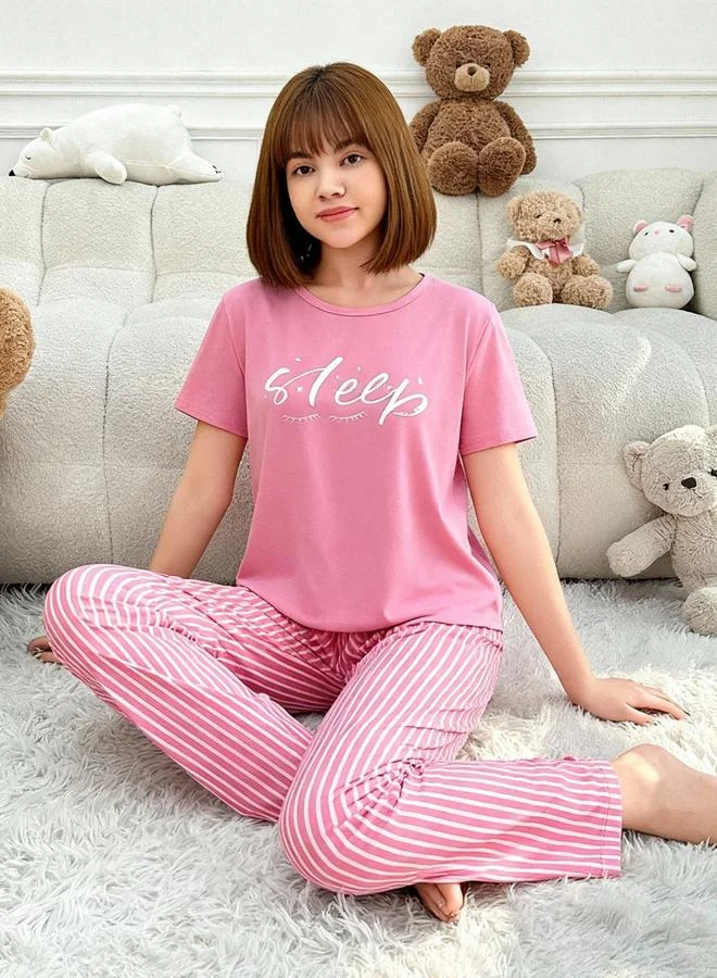 Take Two Pink Pink Text Print T-Shirt and Striped Pyjama Set for Women | Best Price UAE