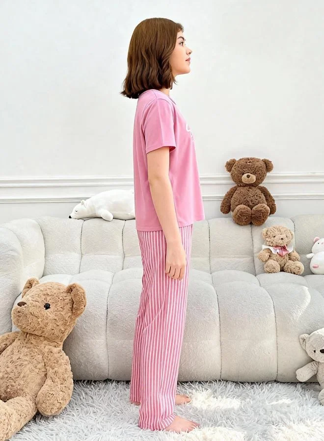 Take Two Pink Pink Text Print T-Shirt and Striped Pyjama Set for Women | Best Price UAE