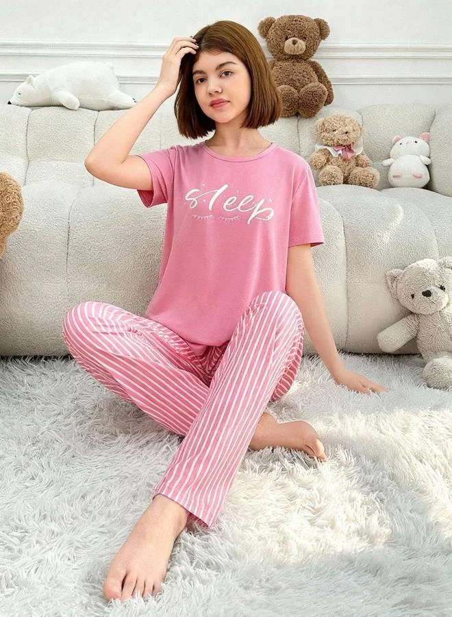 Take Two Pink Pink Text Print T-Shirt and Striped Pyjama Set for Women | Best Price UAE