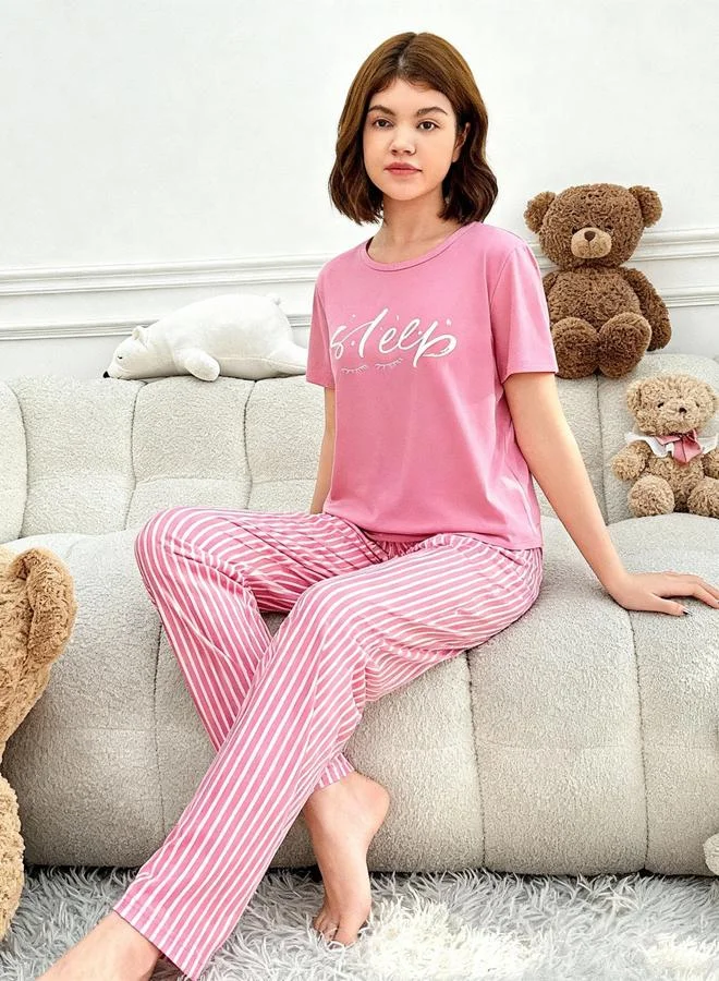Take Two Pink Pink Text Print T-Shirt and Striped Pyjama Set for Women | Best Price UAE