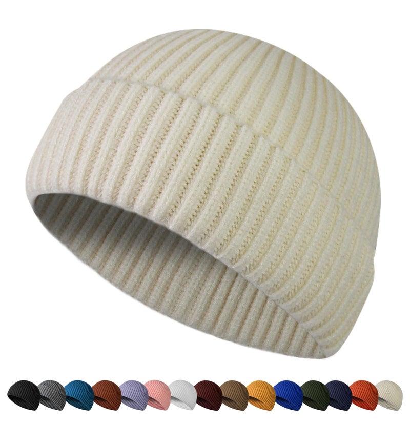 HiRui Fisherman Beanie for Men Women, Knit Trawler Beanie Watch Hats Winter Caps (Beige) - Image 1