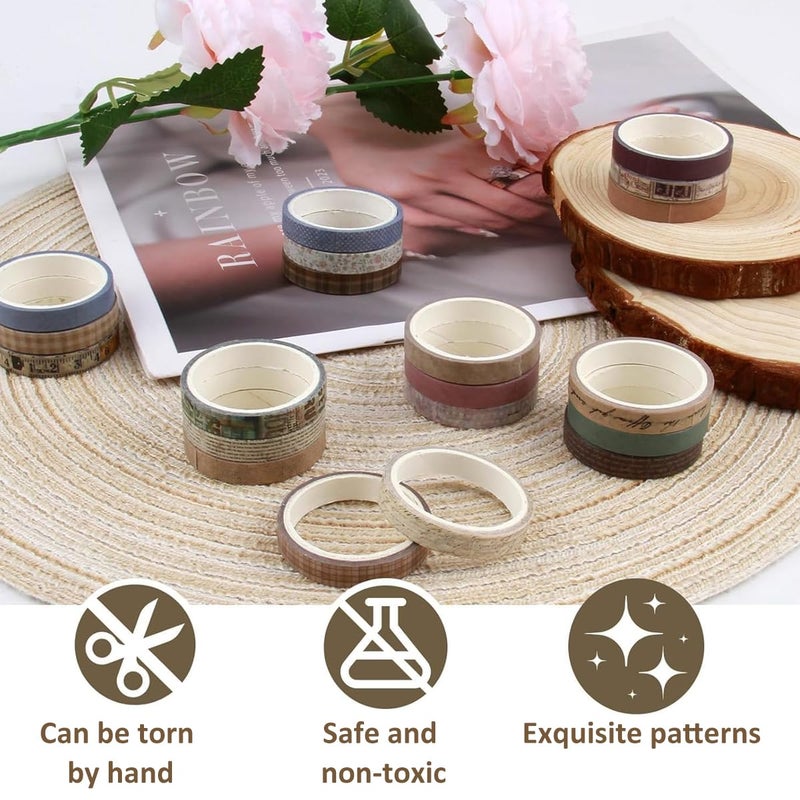 HASTHIP HASTHIP® 20Rolls Vintage Washi Tape Set, 0.7cm x 3m Narrow Washi Tape DIY Scrapbooking Decoration, Retro Decorative Antique Patterns Masking Tapes for Arts, DIY Crafts, Journals, Planners, Scrapbook  - Image 3