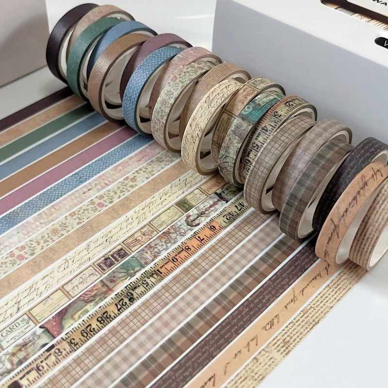 HASTHIP HASTHIP® 20Rolls Vintage Washi Tape Set, 0.7cm x 3m Narrow Washi Tape DIY Scrapbooking Decoration, Retro Decorative Antique Patterns Masking Tapes for Arts, DIY Crafts, Journals, Planners, Scrapbook  - Image 4