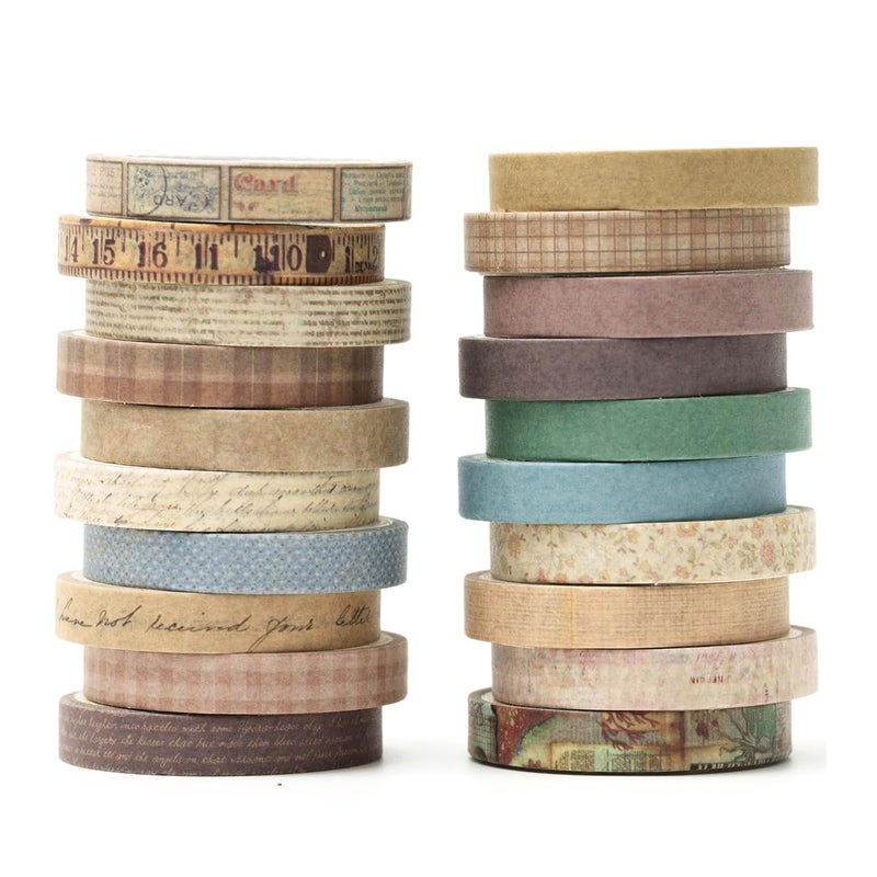 HASTHIP HASTHIP® 20Rolls Vintage Washi Tape Set, 0.7cm x 3m Narrow Washi Tape DIY Scrapbooking Decoration, Retro Decorative Antique Patterns Masking Tapes for Arts, DIY Crafts, Journals, Planners, Scrapbook  - Image 1