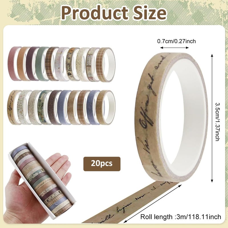 HASTHIP HASTHIP® 20Rolls Vintage Washi Tape Set, 0.7cm x 3m Narrow Washi Tape DIY Scrapbooking Decoration, Retro Decorative Antique Patterns Masking Tapes for Arts, DIY Crafts, Journals, Planners, Scrapbook  - Image 2