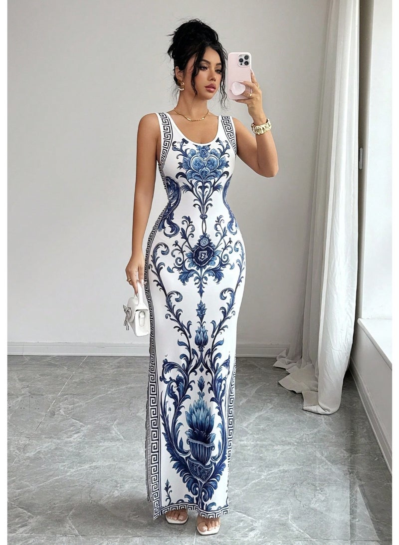 Shein Trends SHEIN Women Long Casual Dress Sleeveless Scoop Neck Knitted With Random Print And Side Slit For Effortless Style - Image 5