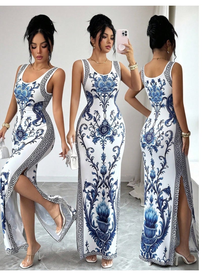 Shein Trends SHEIN Women Long Casual Dress Sleeveless Scoop Neck Knitted With Random Print And Side Slit For Effortless Style - Image 1