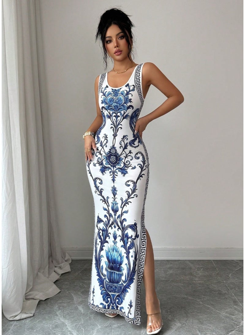 Shein Trends SHEIN Women Long Casual Dress Sleeveless Scoop Neck Knitted With Random Print And Side Slit For Effortless Style - Image 4