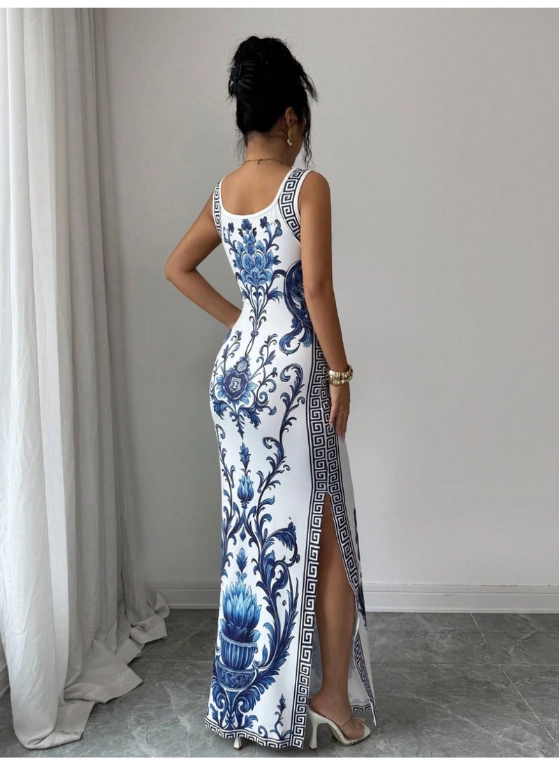 Shein Trends SHEIN Women Long Casual Dress Sleeveless Scoop Neck Knitted With Random Print And Side Slit For Effortless Style - Image 2