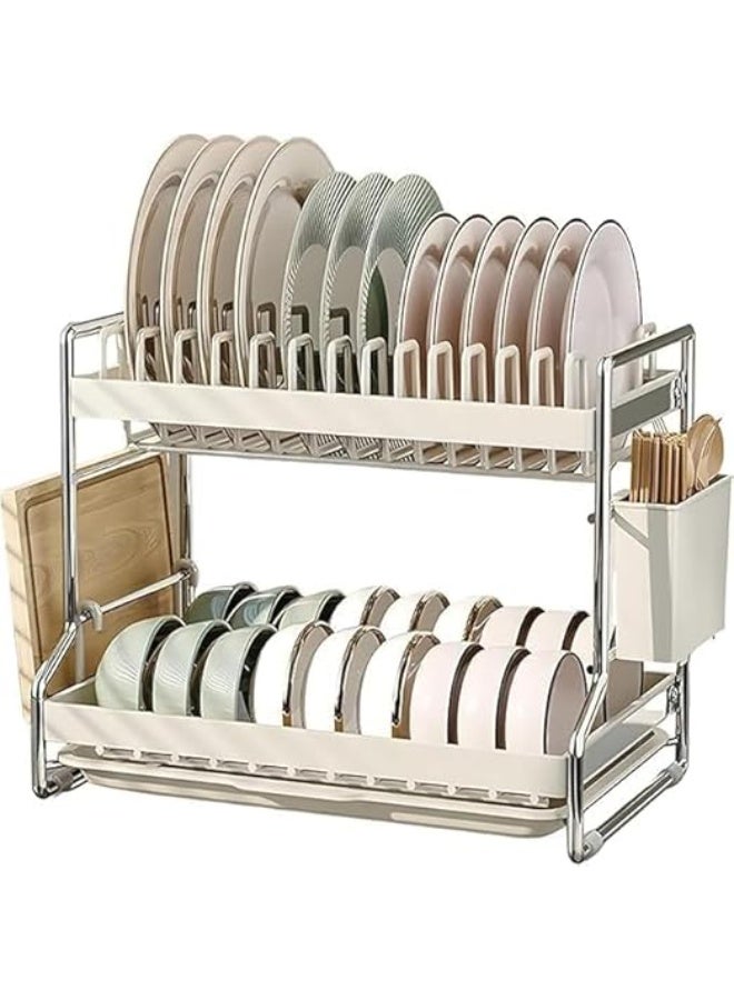 Double Tier Dish Drying Rack with Drip Tray, Swivel Drain Spout, Utensil and Cup Holder - Image 1