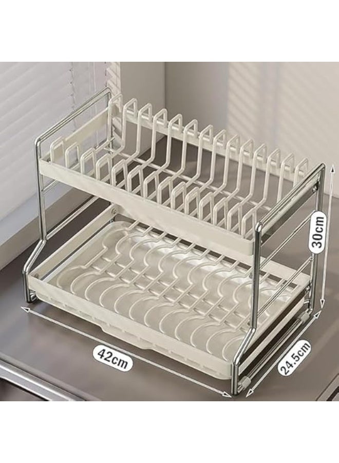 Double Tier Dish Drying Rack with Drip Tray, Swivel Drain Spout, Utensil and Cup Holder - Image 2