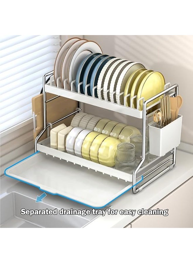 Double Tier Dish Drying Rack with Drip Tray, Swivel Drain Spout, Utensil and Cup Holder - Image 5