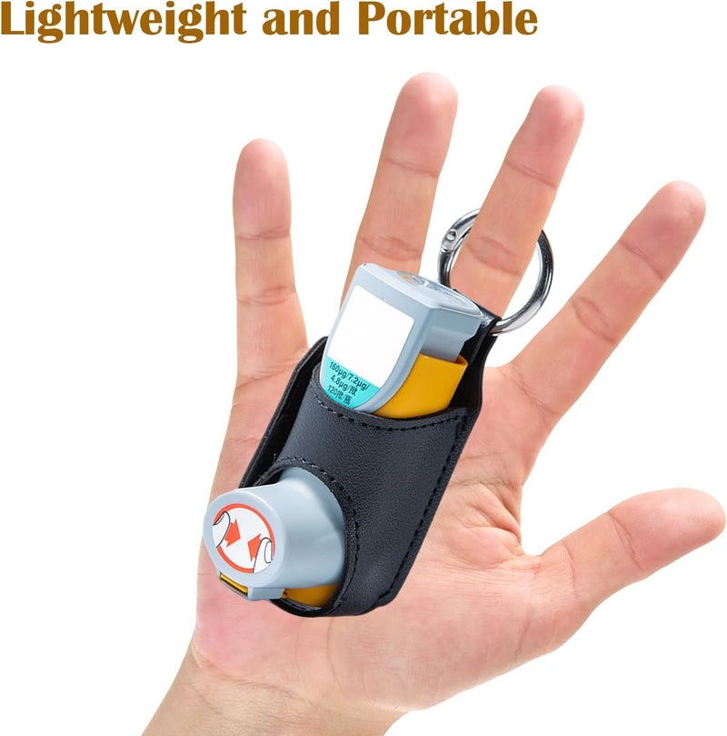 Mazentrix Asthma Inhaler Holder - PU Leather Case w/Carabiner Clip, Portable Travel Pouch for Adults Kids (Inhaler Not Included) Black - Image 3