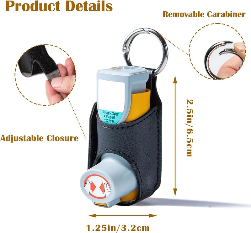 Mazentrix Asthma Inhaler Holder - PU Leather Case w/Carabiner Clip, Portable Travel Pouch for Adults Kids (Inhaler Not Included) Black - Image 2