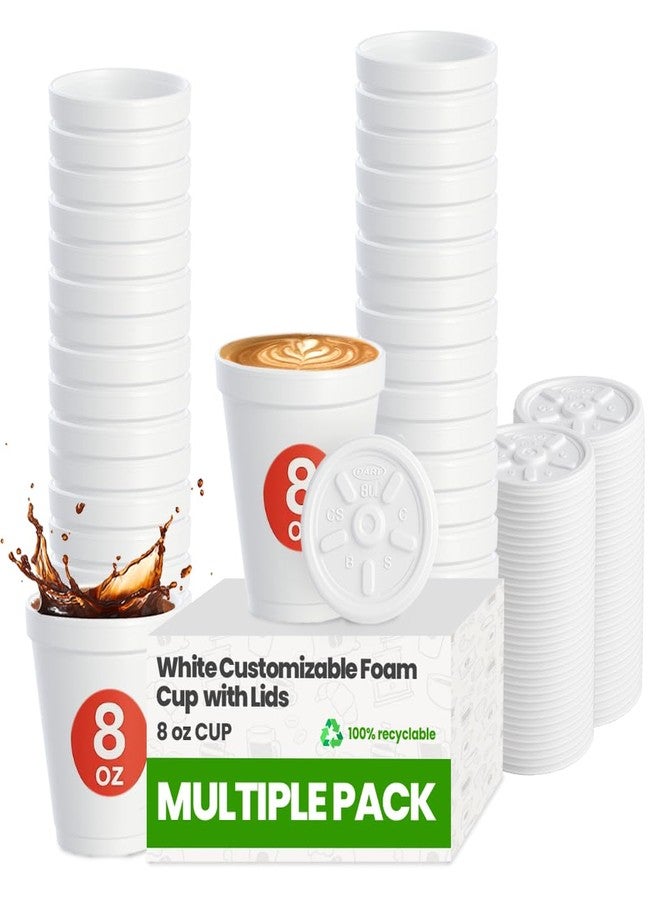 PailSail 8 oz Foam Cups with Lids (25–500 Pack) – Insulated Disposable Styrofoam Cups for Hot & Cold Drinks – White To-Go for Coffee, Tea, Juice, Soup – Made in USA (8 oz, 100.0, Count) - Image 1