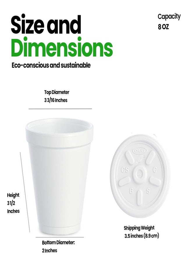 PailSail 8 oz Foam Cups with Lids (25–500 Pack) – Insulated Disposable Styrofoam Cups for Hot & Cold Drinks – White To-Go for Coffee, Tea, Juice, Soup – Made in USA (8 oz, 100.0, Count) - Image 2